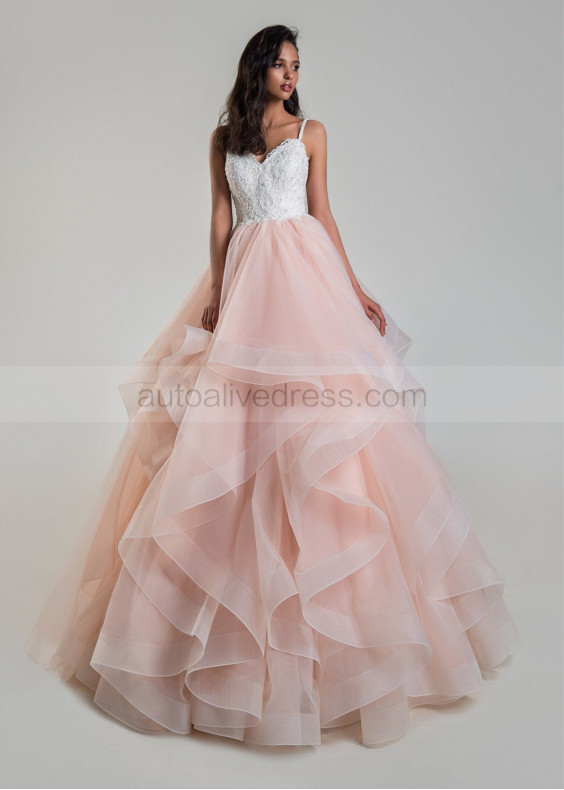 Beaded Ivory Lace Pink Chiffon Ruffle Wedding Dress